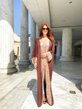 Embroidered V-neck lace abaya in brown.