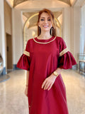 Kaftan-Dress features sequin details on a round neckline and puffy sleeves 